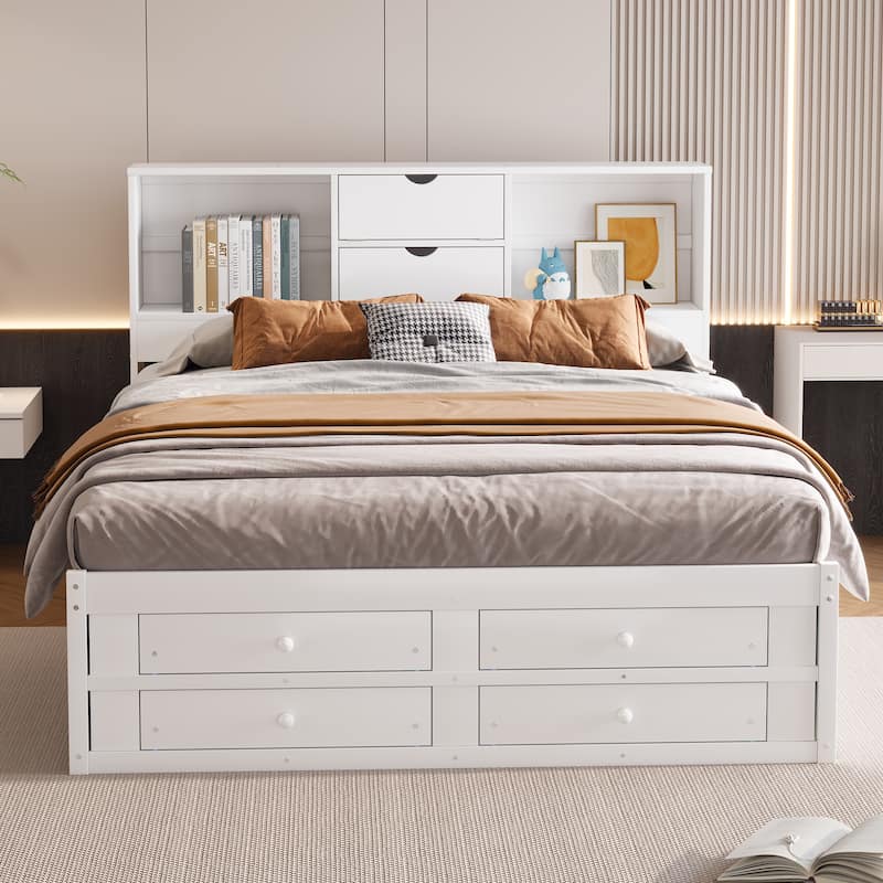 Queen / King Platform Bed with Storage Headboard and 8 Drawers Sturdy Pine Wood Construction