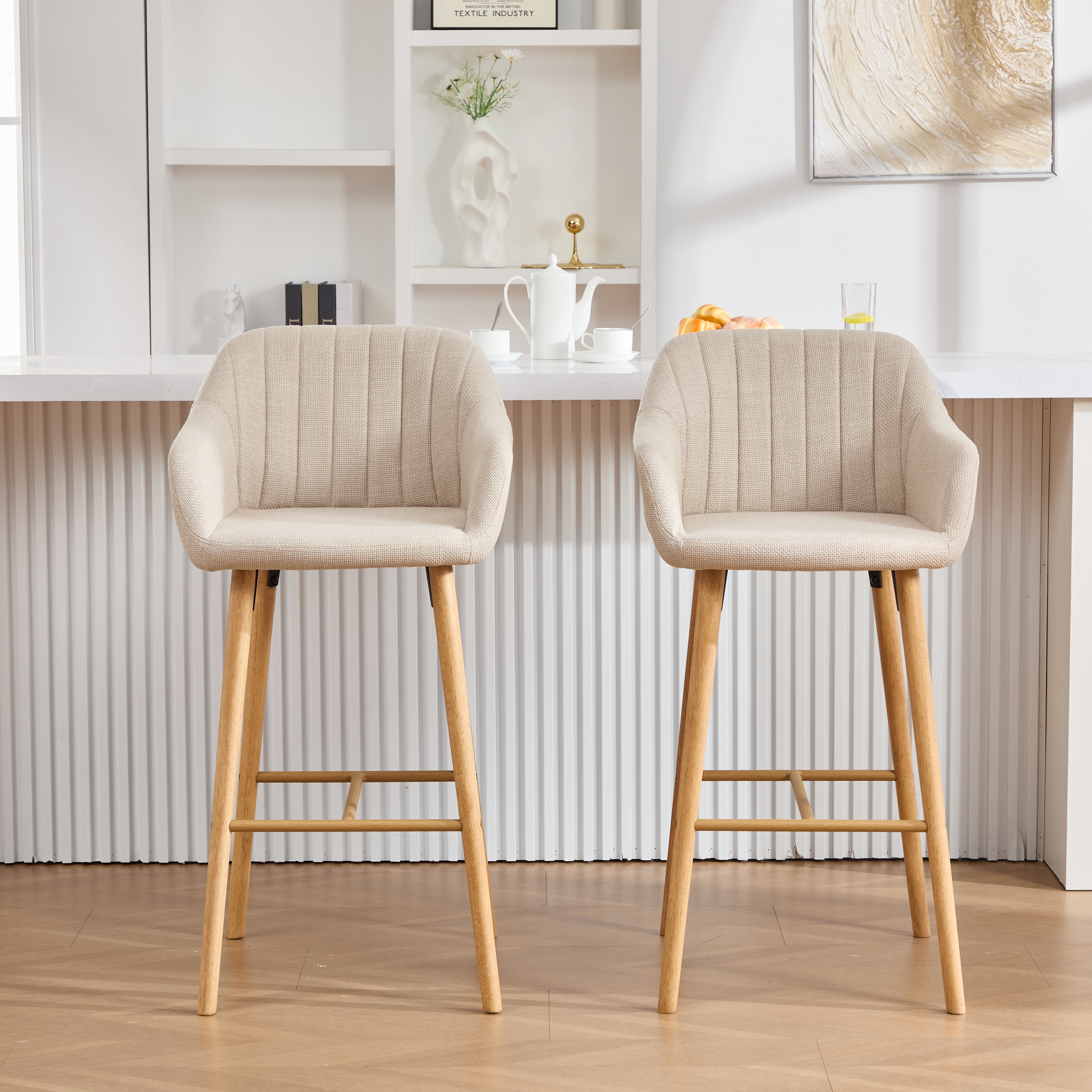 Modern Bar Stools Set of 2, Kitchen Island Tall Chairs with Back, Arm, Footrest and Solid Wood Leg, Upholstered Bar Stools