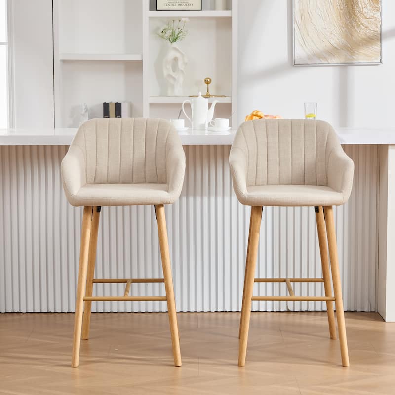 Modern Bar Stools Set of 2, Kitchen Island Tall Chairs with Back, Arm, Footrest and Solid Wood Leg, Upholstered Bar Stools