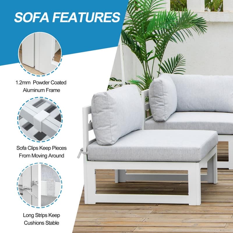 FINCATI 7 Piece Aluminum Outdoor Furniture Set with Propane/Natural Gas Fire Pit Table, 29" Wide Outdoor Sectional Sofa for 6