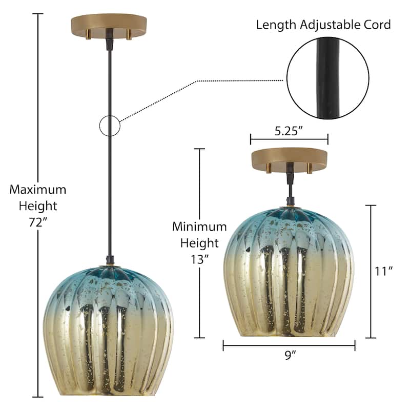 Diania River of Goods Teal and Gold Ombre Mercury Glass and Metal Globe Shade Pendant Light - 9"x 9"x 13/72"