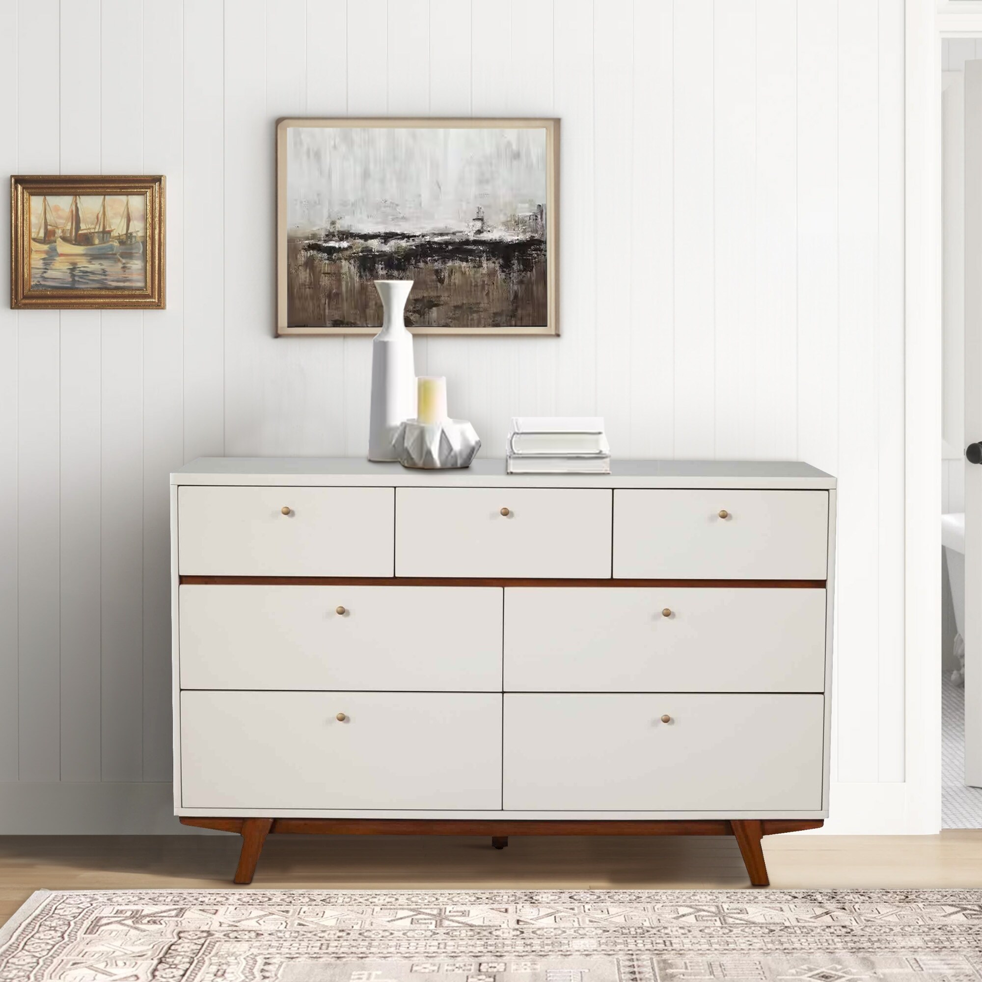 white dresser with brown legs 7 Drawer Wooden Round Pulls and Angled Legs, and - Bed Bath & Beyond variant available: US 14 Old Timer Camp Field Color:White Pink Flower adding to its refined
