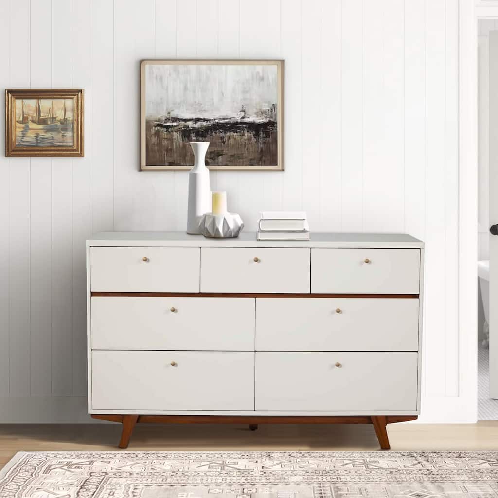 7 Drawer Wooden Dresser with Round Pulls and Angled Legs, White and Brown
