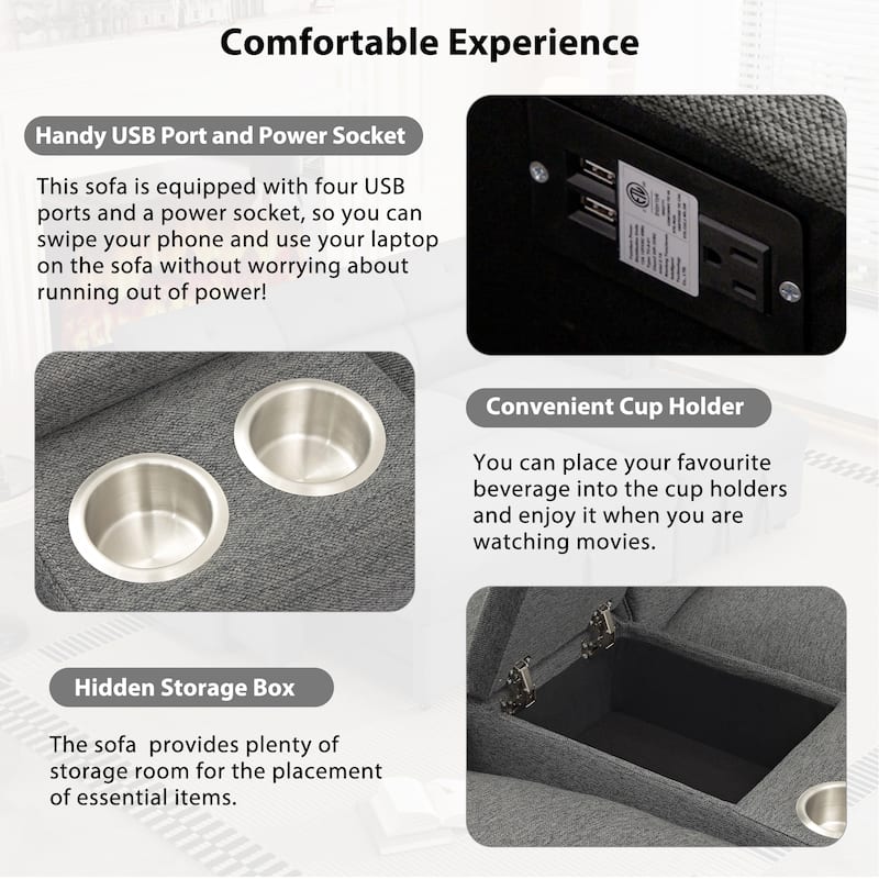 Roomfitters Power Recliner Corner Sofa with Storage Box, Cup Holders, USB Ports, and Power Socket, Perfect for Home Theater