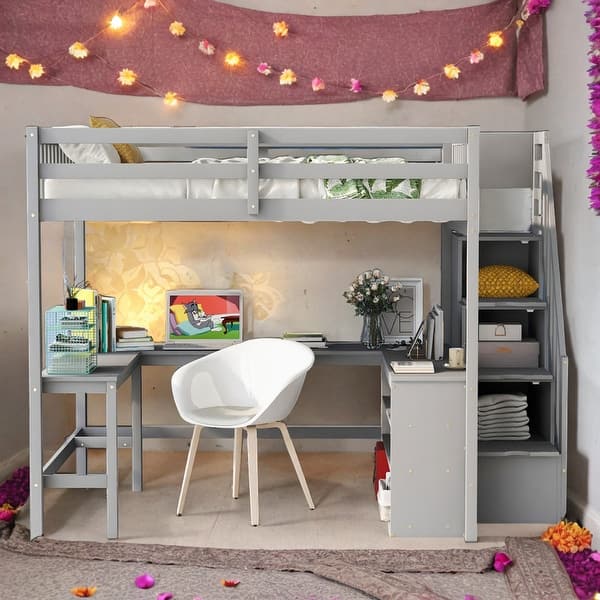 slide 2 of 18, Full Size Loft Bed with Desk and 3-Tier Shelves and Attached Staircase