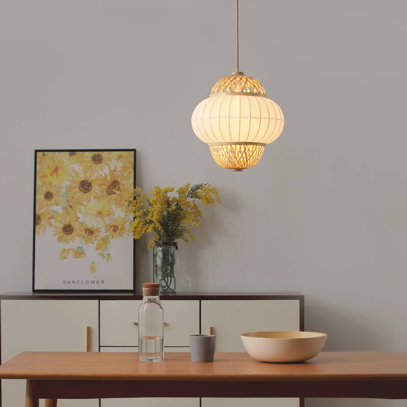 Hikari 60-Watt 1-Light Wood Grain and Natural Pendant Light with Woven Bamboo Shade and Bulb Not Included