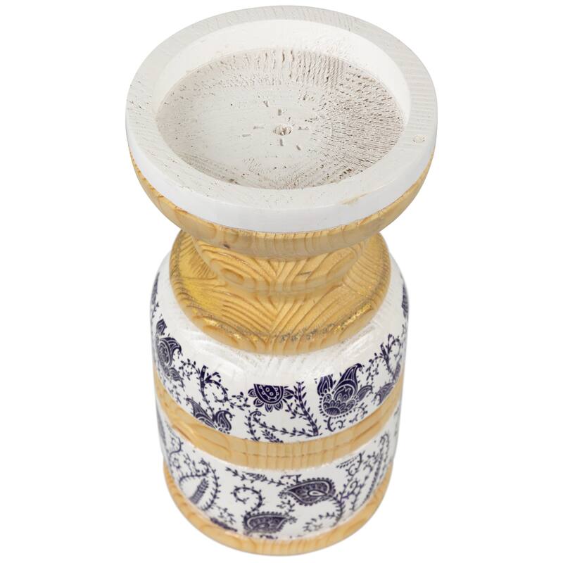 Paisley Wooden Candle Holder - 8.5" - White and Blue