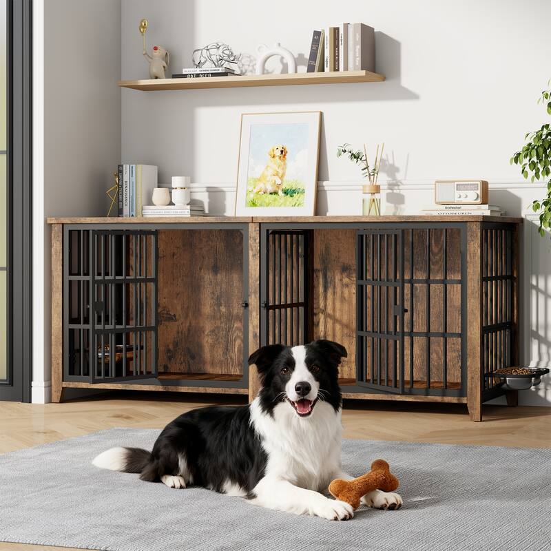 Large Dog Crate Furniture, 78"L Wooden Dog Crate Kennel with Removable Divider