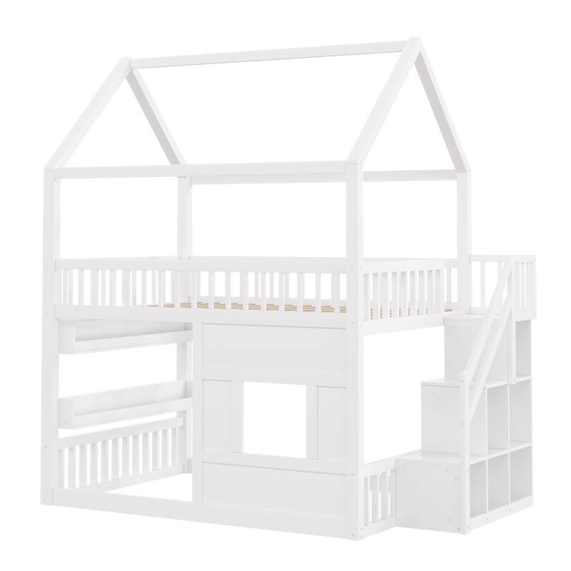 Roomfitters Full Size Wood House Loft Bed with Storage Stairs and Built-in Shelving, Modern Space-Saving Sleep Space