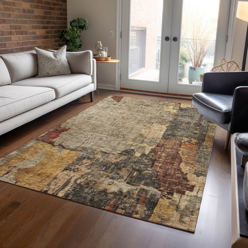 Machine Washable Indoor/ Outdoor Abstract Contemporary Chantille Rug - Khaki - 2'6" x 3'10"