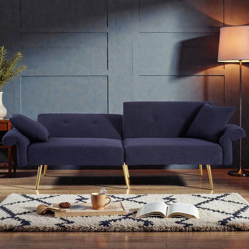 Modern Teddy Loveseat Sofa with Side Pocket, Folding Sleeper Sofa Bed with Adjustable Backrest and Golden Metal Legs