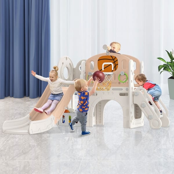 slide 2 of 7, Beige Coffee Toddler Slide, Slide for Toddlers Age 1-3, Indoor Outdoor Backyard Playground Baby Slide Toy 2-4 Years