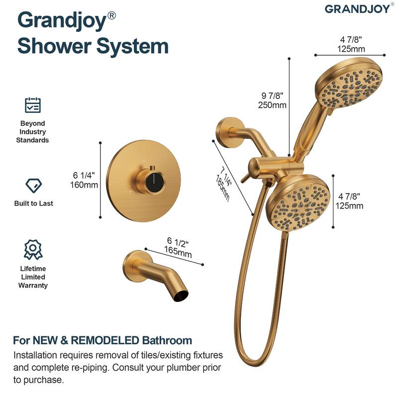 GRANDJOY 5-Spray Wall Mounted Shower Faucet System with Valve