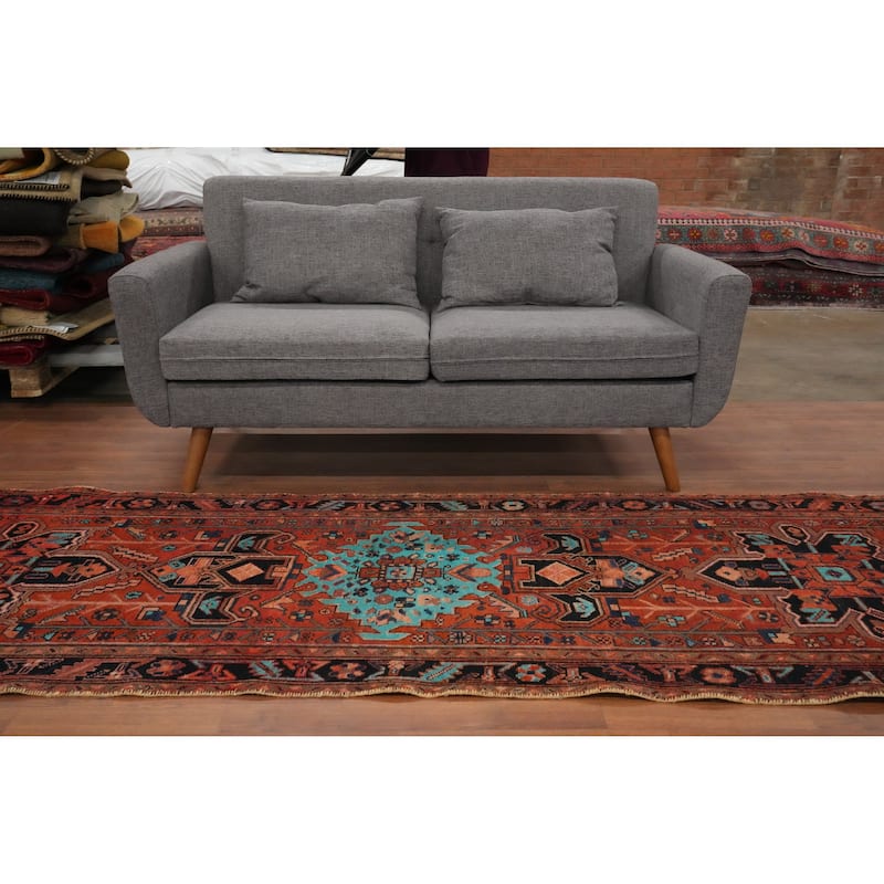 Hand Knotted Oriental 100% Wool Carpet Traditional Geometric Oranges & Rust Heriz Runner Rug - 10' 7'' X 3' 1''