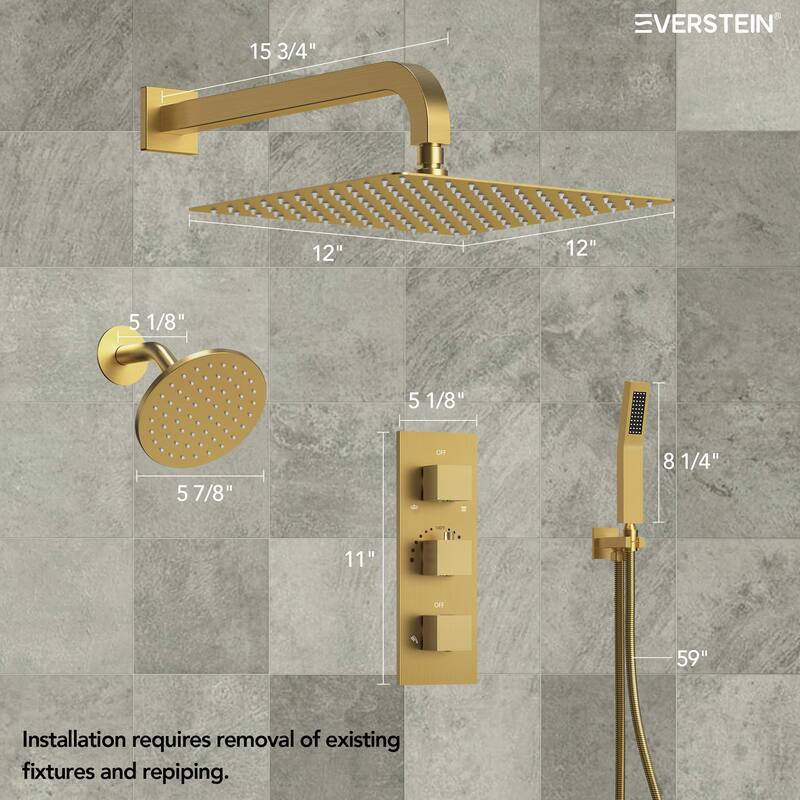 Thermostatic Shower System 12" Dual Heads Shower Faucet with High Pressure Handheld Spray
