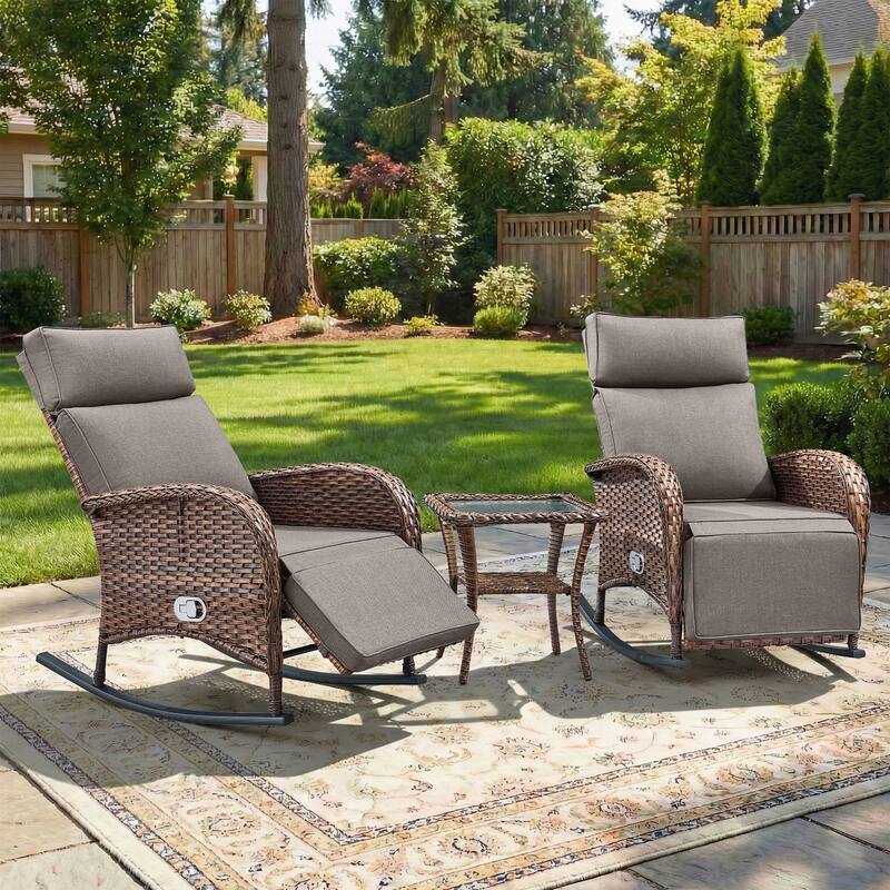 Pocassy Versatile Outdoor Recliner Rocker Chair with Side Table - Brown Wicker with Gray Cushion - 3-Piece Rocker Recliner Chair with Side Table