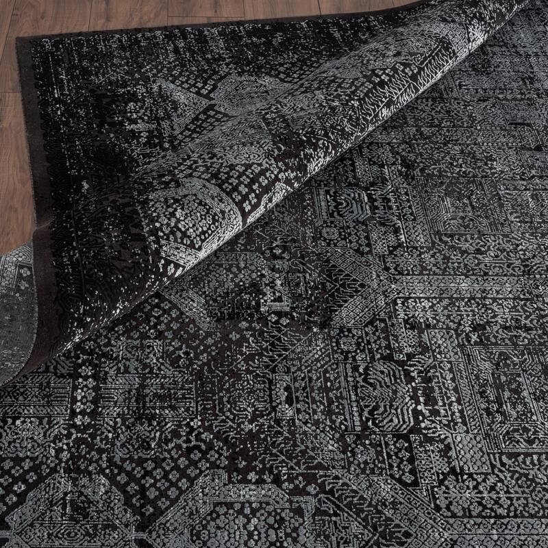 Updated Traditional Black Power Loom Viscose & Acrylic Area Rug