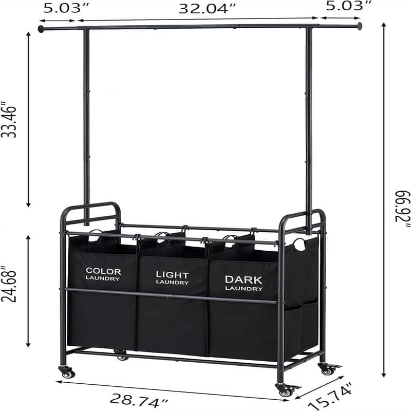 Laundry Sorter Cart with Hanging Clothes Rack - 28.59"L x 15.55"W x 66.54"H