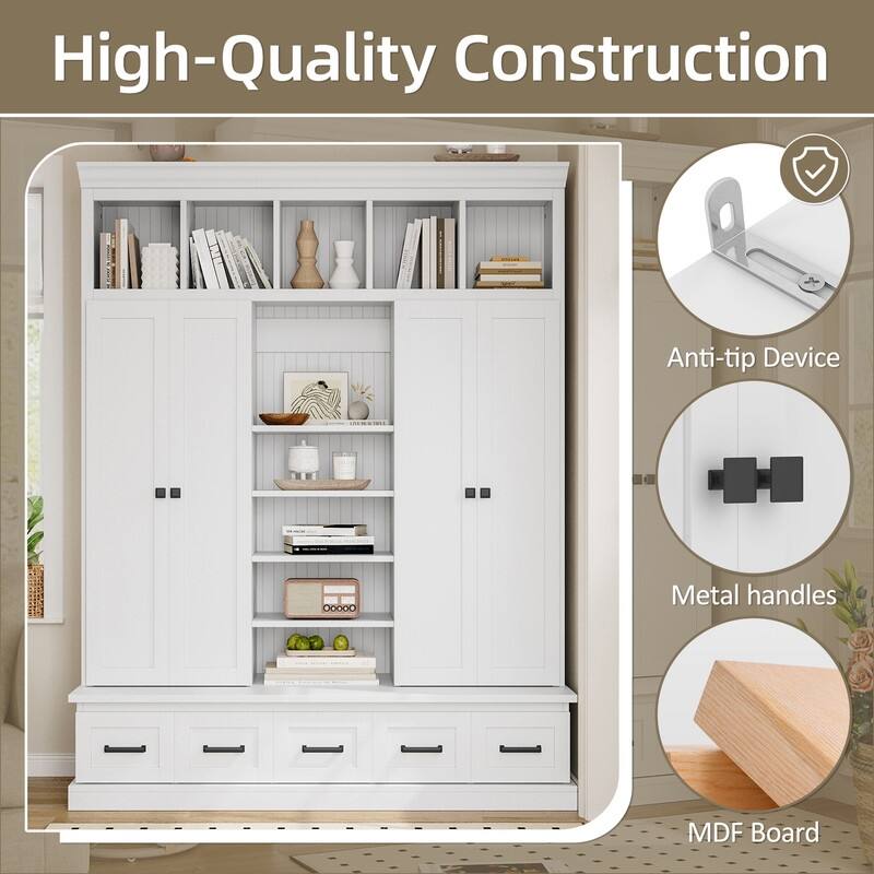 Hall Tree with Bench and 5 Storage Cubbies, Entryway Organizer Cabinet with 4 Doors, 5 Drawers & Adjustable Shelves