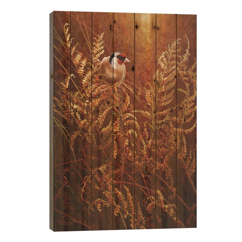 Autumn Ferns - Goldfinch Print On Wood by Jeremy Paul - Multi-Color - 26x18x1.5