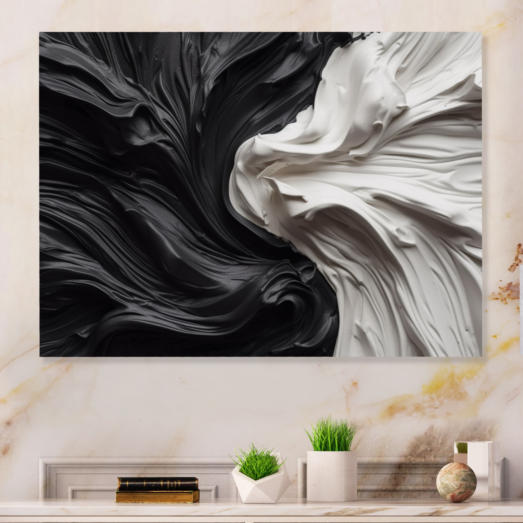 Designart "Black White Marbled Dreamscape V" Modern Geometric Metal Wall Art Print