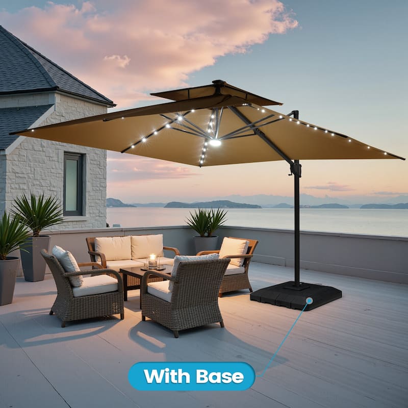 11FT Patio Cantilever Umbrella LED Lights Double Top Umbrella with 4-Piece Fillable Weighted Base