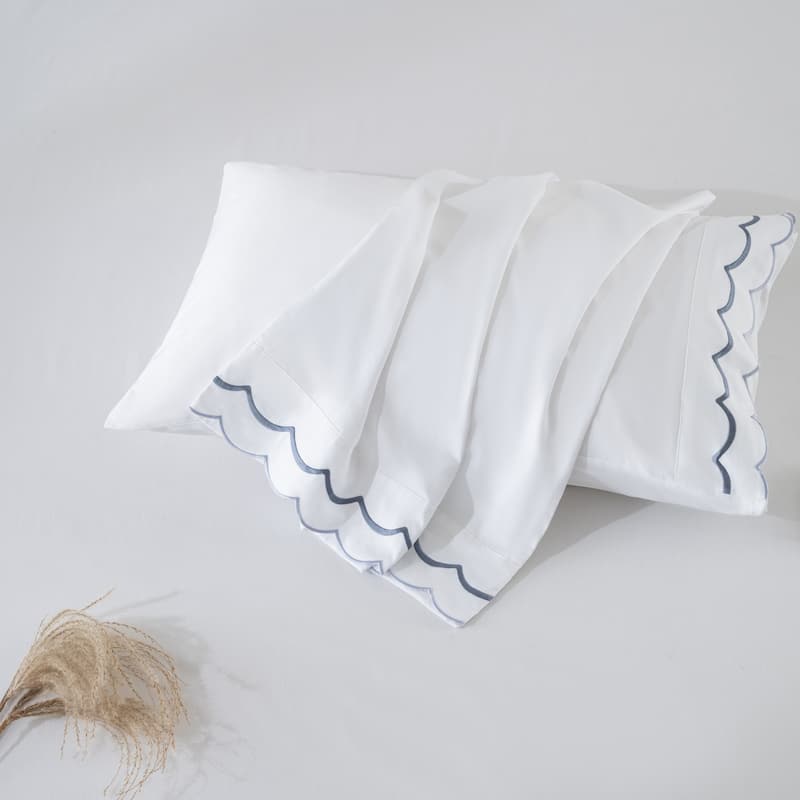 Luxury Hotel Style 400TC Cotton Pillowcases, Scallop Embroidery, 2Pack, 20x30"