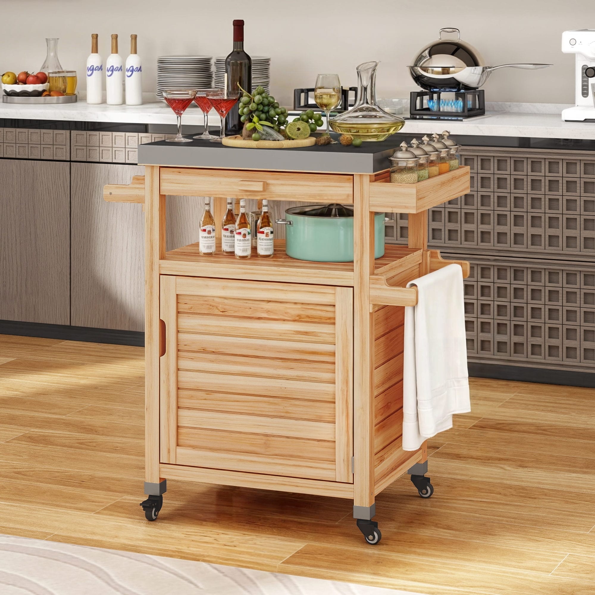 Moasis Solid Wood Grill Cart Outdoor Storage Cabinet Patio Bar