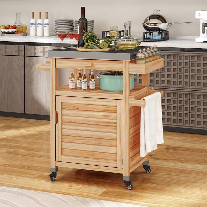 Moasis Solid Wood Grill Cart Outdoor Storage Cabinet Patio Bar Cart with Stainless Steel Top and Lockable Wheels