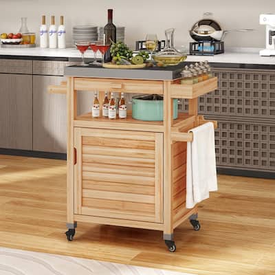 Moasis Solid Wood Grill Cart Outdoor Storage Cabinet Patio Bar Cart with Stainless Steel Top and Lockable Wheels