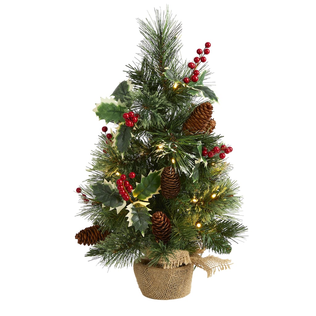 Pre-Lit Potted Pine and Pinecones Artificial Christmas Tree - 18” - Clear Lights - Tabletop