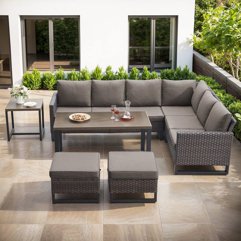 Gymojoy 5-Piece Outdoor Wicker Furniture Set, L-Shaped Sectional Sofa Set - Brown Wicker / Grey Cusion - 5-Piece