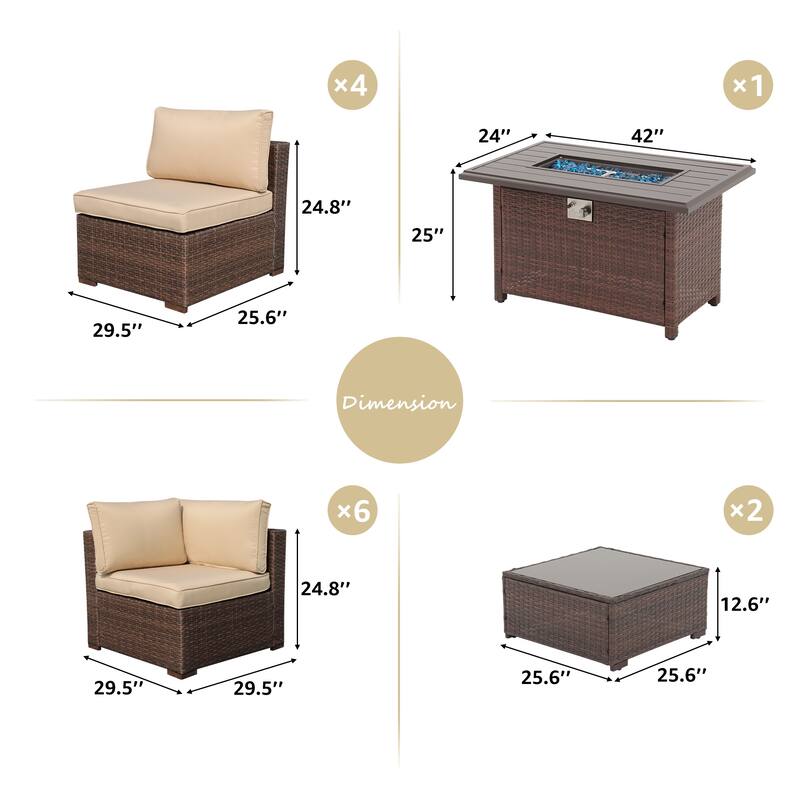 13 Piece Wicker Set Patio Sofa Furniture with Fire Pit And Table