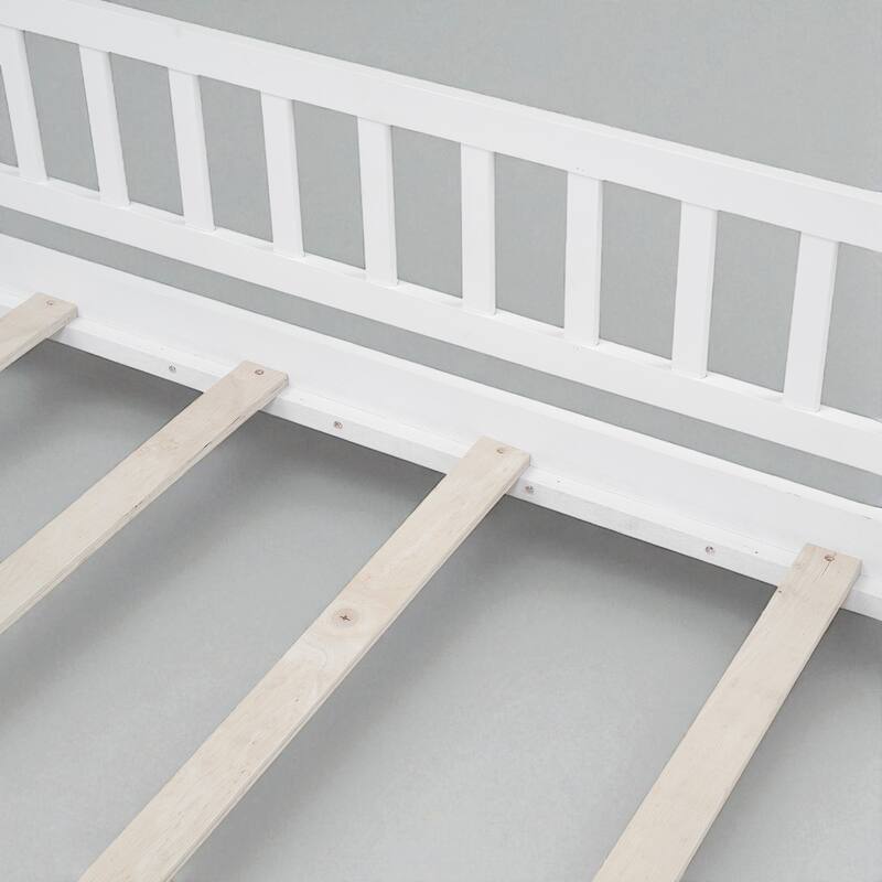 Twin/Full Size Wooden House Bed Frame with Fence and Roof, Playhouse Style for Kids and Teens