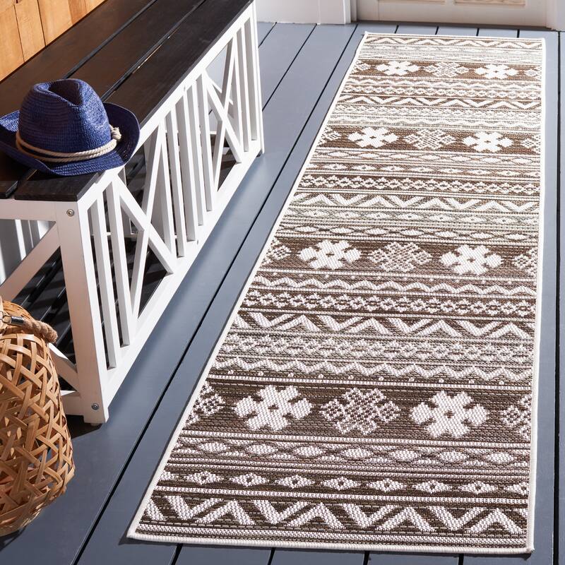 SAFAVIEH Havana Kosumo Geometric Indoor/ Outdoor Waterproof Rug - 2'2" x 9' Runner - Light Brown/Ivory