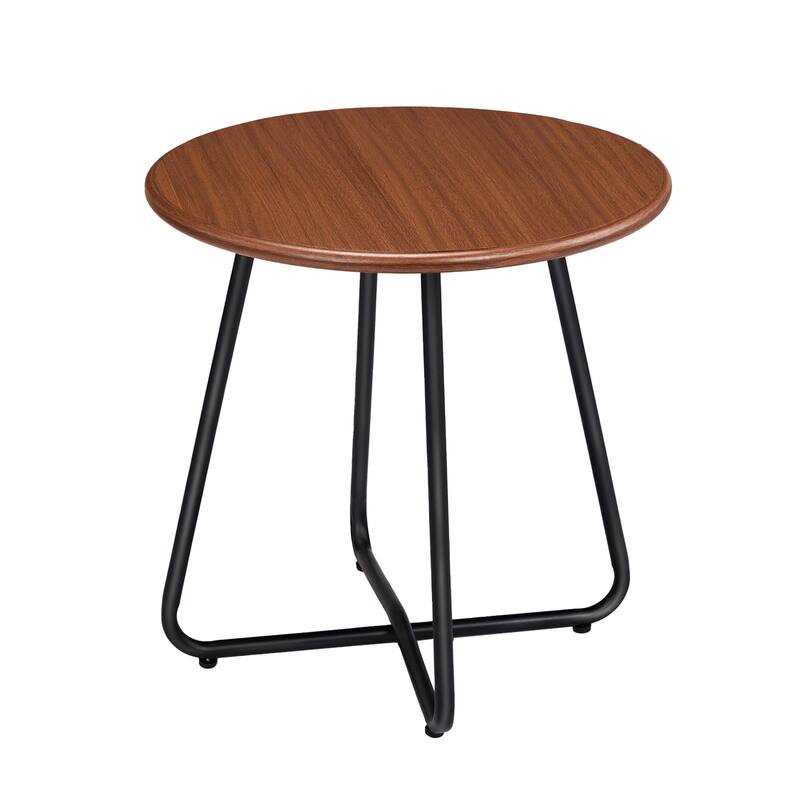Round Outdoor Side Table Imitation Wood Top Steel Legs Patio Garden Balcony End Table - 19.7 x 19.7 x 20.9