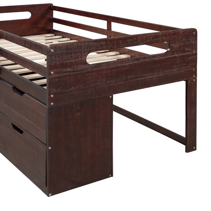 Twin Solid Pine Loft Bed with Shelves, Drawers, and Guardrail