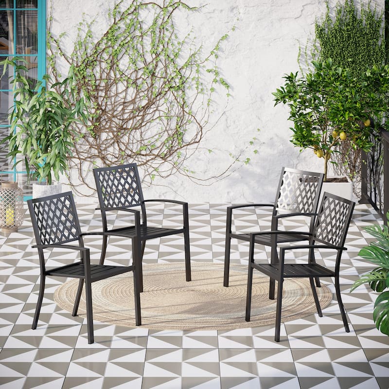 MAISON ARTS Black Steel Slat Seat Outdoor Dining Armchairs (Set of 4) - Diamond Trellis