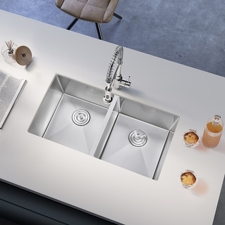 32-inch Undermount Nano Handmade Stainless Steel Kitchen Sink Double Bowls Large Basin With Strainer
