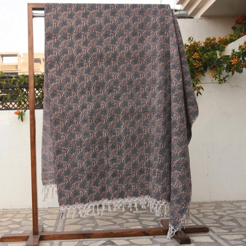 Fabdivine Premium Pushp Samitha Handcrafed Cotton Throw Blanket - Artisan Block Print Decorative Throw with Fringe, 90"x54"