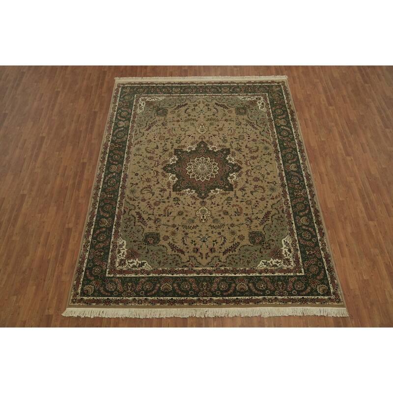 Hand Knotted Oriental Wool & Silk Carpet Traditional Floral Green Aubusson Area Rug - 12' 0'' X 9' 0''