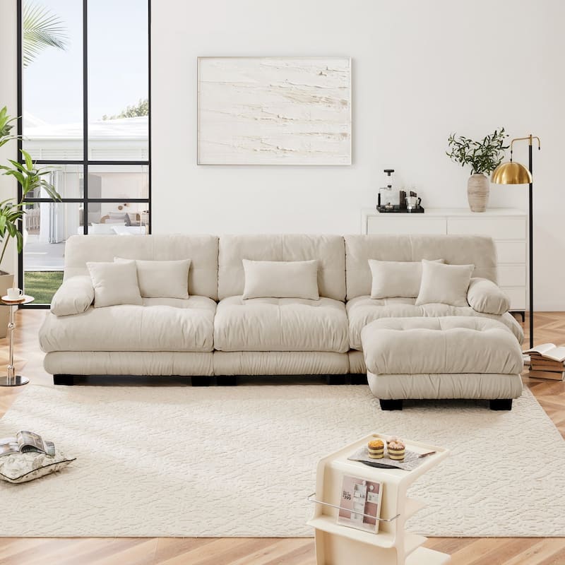 Luxury Chenille Modular Upholstered Sectional Sofa Couch with Convertible Ottoman - Light Coffee