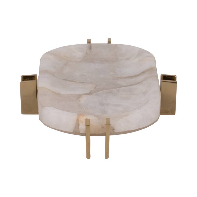 Sagebrook Home Quartz-Inspired 14" White Stone Tray With Gold Iron Details, Trays and Plates, Solid White - 14" x 8" x 2"
