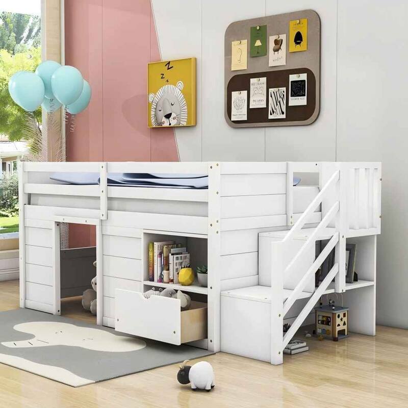Solid Wood Low Loft Bed With Drawer and Stair,Twin Szie - White