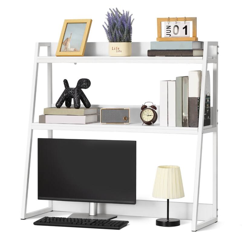 Particle Board Desktop Bookshelf Hutch, 2 Shelves, Anti-Slip Feet Pads - 37.4" L x 12.6" W x 35.4" H