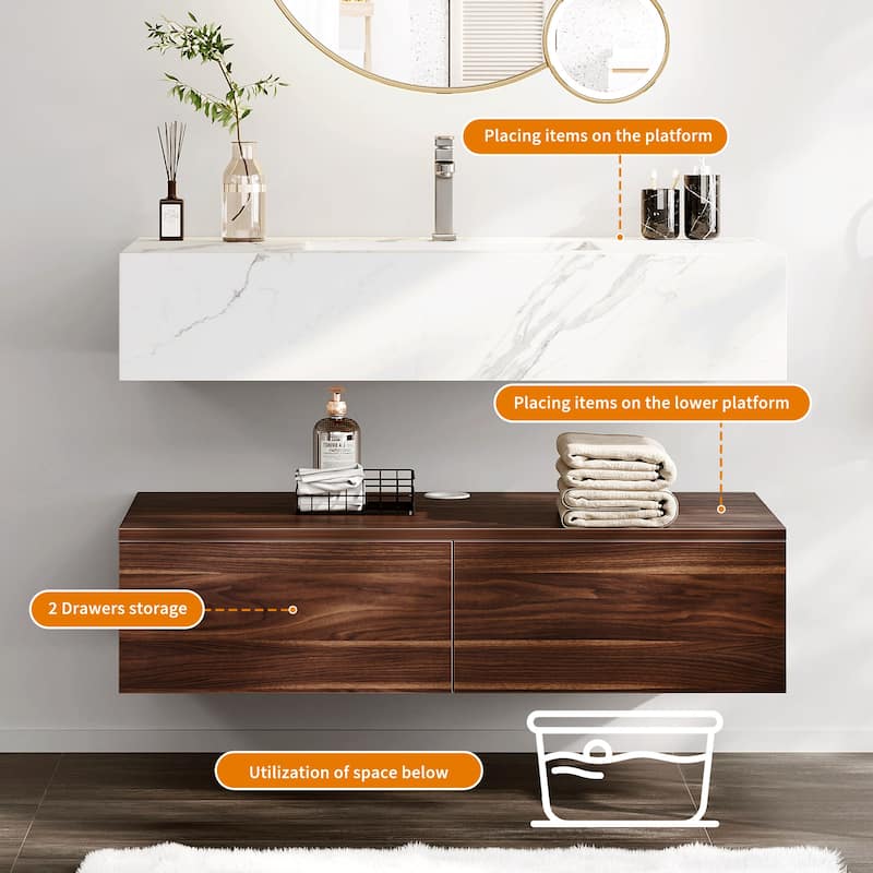 39" Single Bathroom Vanity Set Wall Mounted Marble Top Cabinet with 2 Drawers