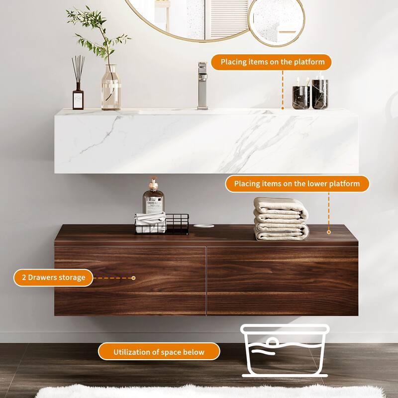 Moasis 39.4" Single Bathroom Vanity Set Wall Mounted Marble Top Cabinet with 2 Drawers