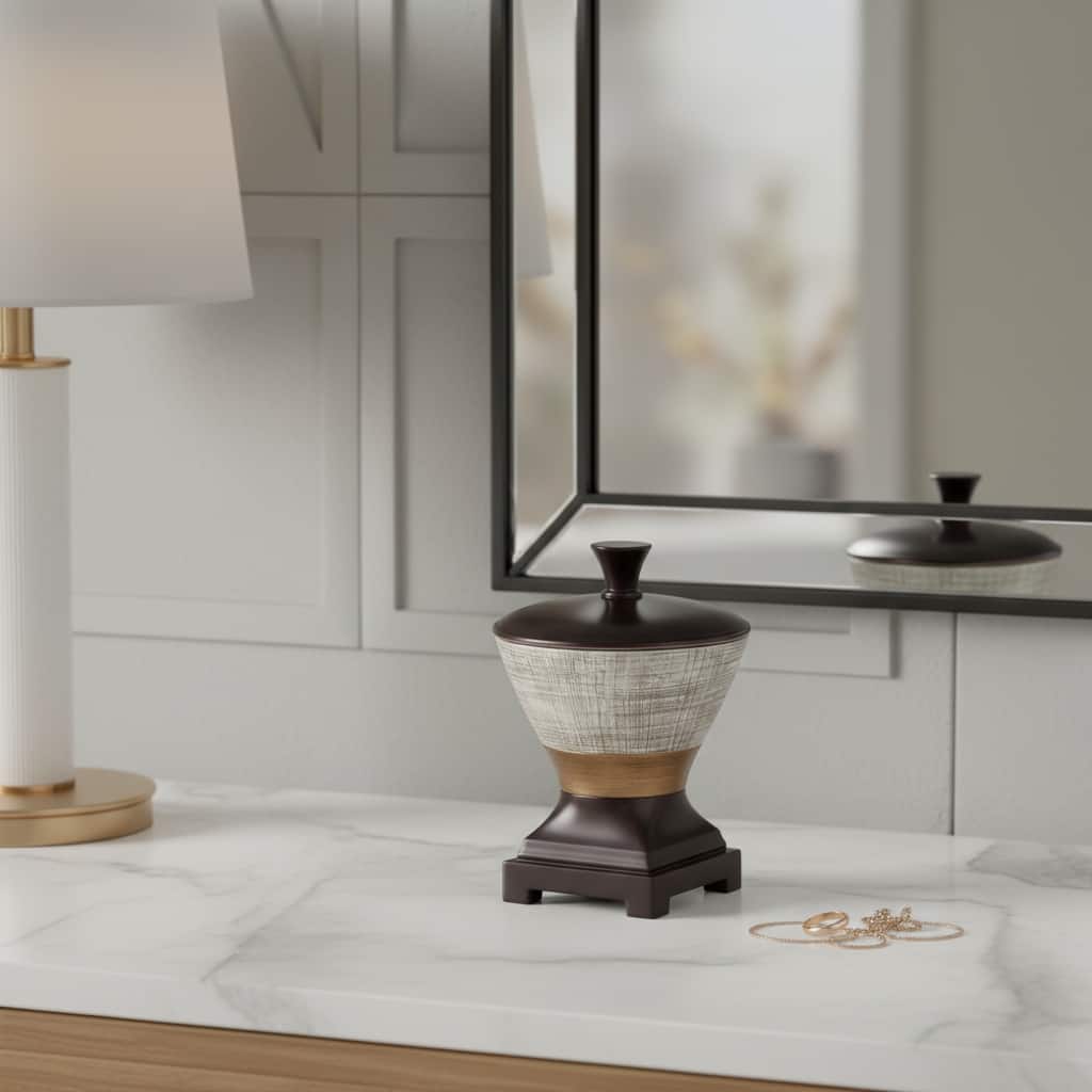 7" Espresso Gold And Silver Resin Striped Jewelry Box With Hand-Painted Designs