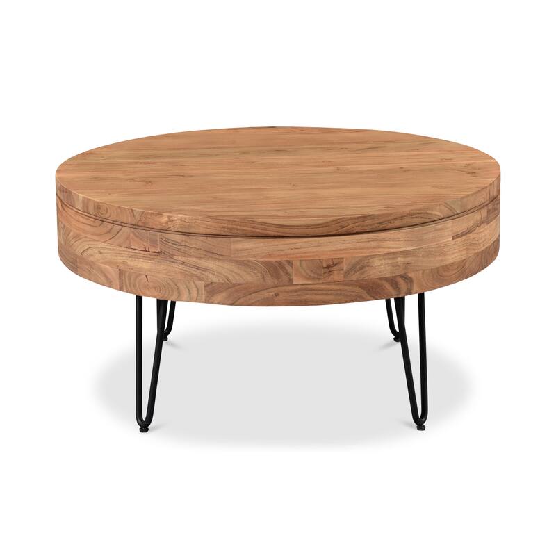 NADAAL STUDIOS Tarian Coffee Table, Round Solid Acacia Wood with Iron Hairpin Legs and Hidden Storage, Natural Finish