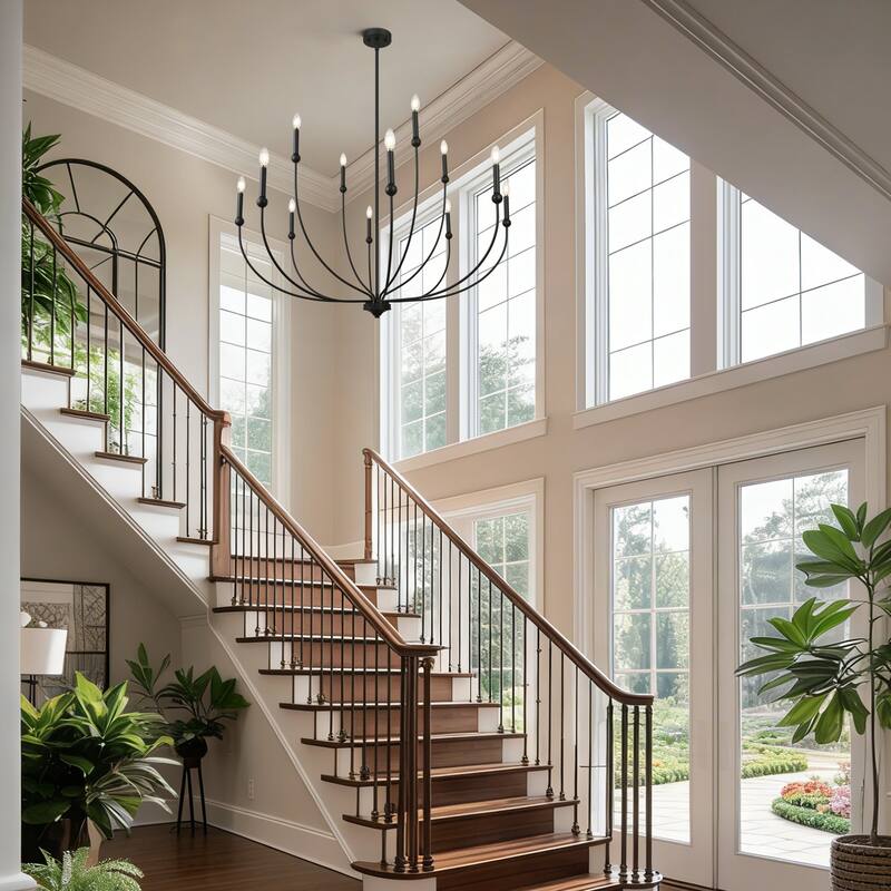 Oriea Modern Transitional 2-Tier 12-Light Black Wheel Chandelier for Large Living Dining Room Entryway - Dia. 48.8" x H 31.5"